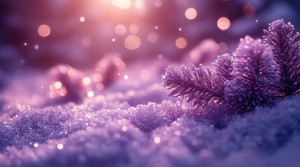 Winter scene purple snow sparkles with evergreen branches, bright bokeh lights above