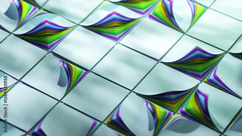 Poster multiple colorful paper sheets are arranged in a wave pattern on white tiles, creating a visually ap