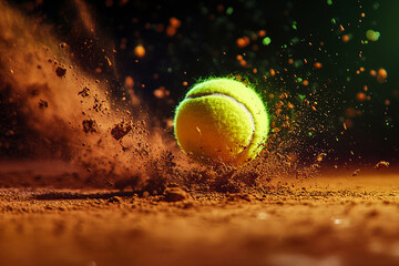 Tennis Ball Hitting the Ground on a Clay Court with Flying Dust Particles