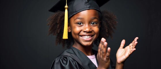 Bright and joyful graduate proudly celebrating achievement with beaming smile in black graduation gown and cap against isolated dark background