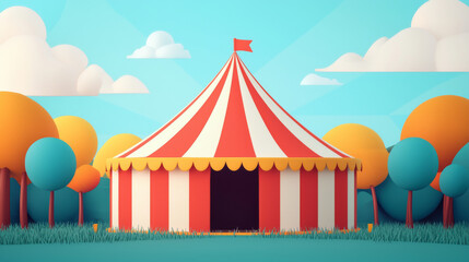 colorful circus tent stands vibrant landscape, surrounded by stylized trees and bright blue sky. red and white stripes of tent create cheerful atmosphere, inviting visitors to enjoy festivities