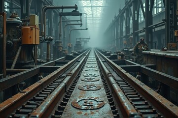 Abandoned industrial train tracks in foggy warehouse