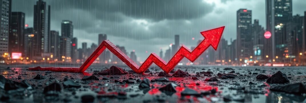 Rising red arrow on cityscape amidst stormy weather reflects economic growth concept - Powered by Adobe