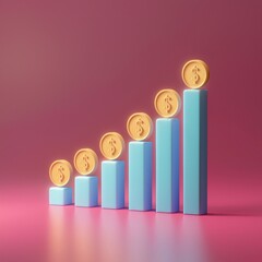 A vibrant graphic showing ascending bar graphs topped with dollar coins, symbolizing financial growth and success.