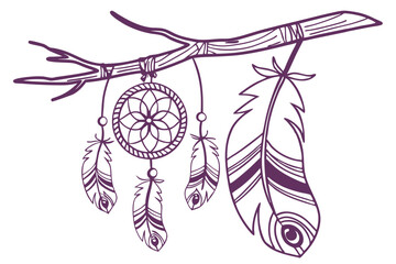 70 Feather dreamcatcher illustration, bohemian style, hand-drawn, simple line art, purple monochrome, native American inspired, rustic wooden branch, hanging feathers, decorative patterns, spiritual s