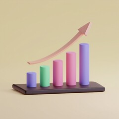 A colorful 3D graph with ascending bars and an upward arrow, symbolizing growth and progress in data visualization.