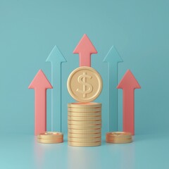 A stack of coins with an embossed dollar sign is surrounded by arrows pointing upward, symbolizing financial growth and prosperity against a turquoise background.
