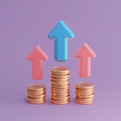 A colorful concept image featuring upward arrows and stacks of coins, symbolizing growth and financial progress against a purple background.