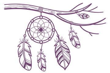 70 Feather dreamcatcher illustration, bohemian style, hand-drawn, simple line art, purple monochrome, native American inspired, rustic wooden branch, hanging feathers, decorative patterns, spiritual s