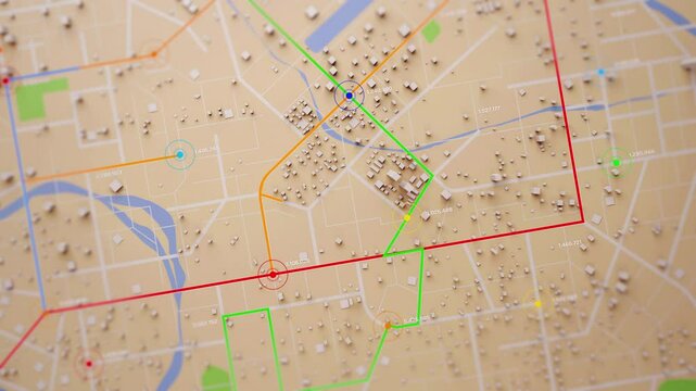 3D rendering of the aerial view of a city map with intersections, navigation lines, and running digit numbers, like a digital travel information hub for transport and technology concept