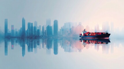 Fototapeta premium Double Exposure of Cargo Ship at Sea with City Skyline Reflection