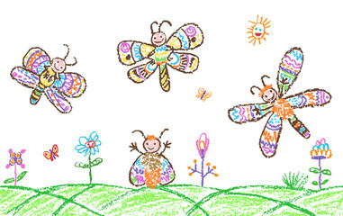Fantastic doodle butterfly set. Tropical crazy flying insect. Flower summer meadow. Crayon like kid`s hand drawn colorful bright funny jungle monsters. Vector pastel chalk pencil childlike cartoon art