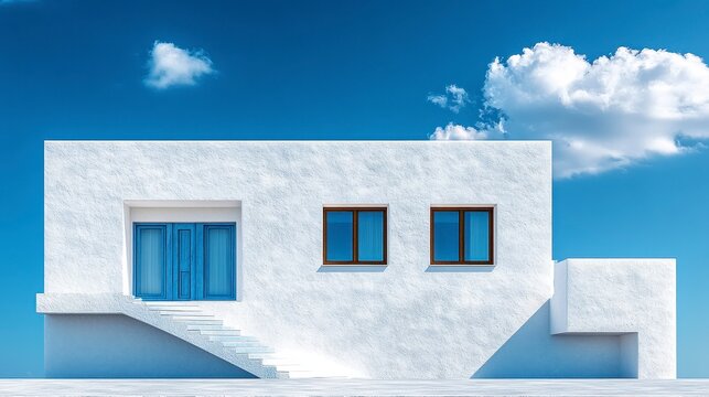 White house with blue door, clear sky