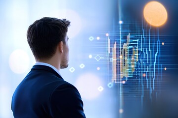 A businessman contemplates digital data projections in a modern office environment.