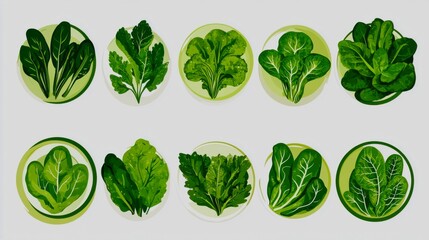 Obraz premium Minimalist vector set of salad leaves in circular composition, designed for organic product branding