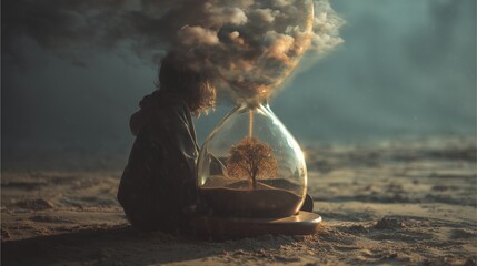 Surreal eco-anxiety artwork with tree inside hourglass and child, surreal eco-anxiety artwork hourglass tree and child, surreal eco-anxiety artwork with natural hope inside hourglass