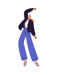 Happy girl dances at the disco party. Cute modern dancer hand up, has fun, moves with music. Joyful young woman rejoices, celebrates success. Flat isolated vector illustration on white background