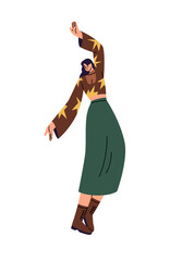 Happy young woman in stylish skirt dances, performs. Joyful girl with hands up, moves with music. Positive dancer rejoices, has fun at the party. Flat isolated vector illustration on white background
