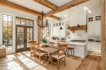 Fototapeta premium Modern farmhouse-style dining room with white shiplap walls, wooden beams, and an island table for a rustic and inviting atmosphere.