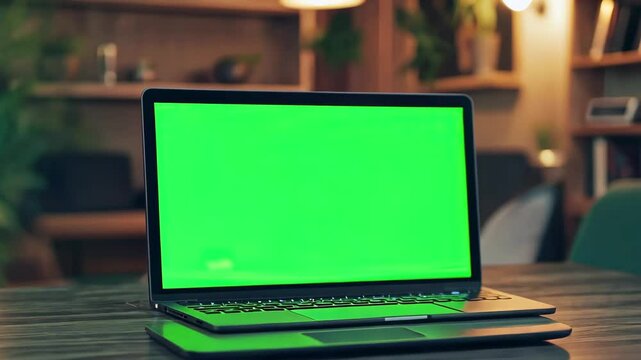 Blank green screen laptop template in portrait mode set against a cozy interior, Blank green screen laptop template in portrait mode for social media like tik tok