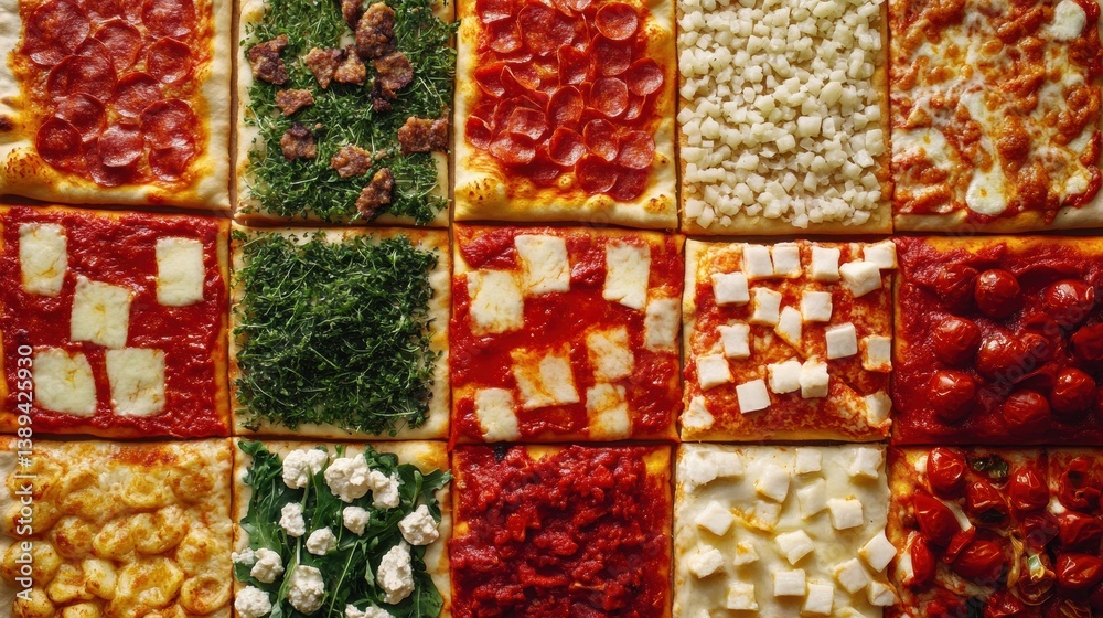 Poster colorful arrangement of various pizzas in a vibrant chessboard pattern showcasing diverse toppings a