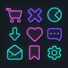 "Minimal 3D Neon Icon Set for Dark Mode UI | Vibrant Neon Colors with Subtle Reflections and Soft Shadows on Dark Background | 8K Ultra HD"