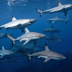Fototapeta premium Group of sharks in formation swimming in transparent ocean waters.
