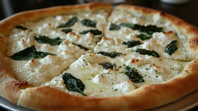 A white pizza with creamy ricotta, garlic, spinach, and olive oil drizzle
