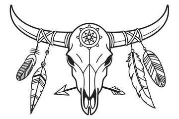 72 Stylized cow skull, tribal patterns, decorative horns, feathers, geometric designs, black and white illustration, Native American inspired, bohemian artwork, crossed arrows, line drawing, symmetric