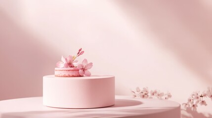 Pink cake podium with cherry blossoms; elegant display for a product; soft light; backdrop; suitable for food, beauty, or fashion photography
