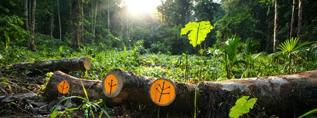 Fototapeta premium Lush Forest Scene with Cut Stumps and Vibrant Green Vegetation