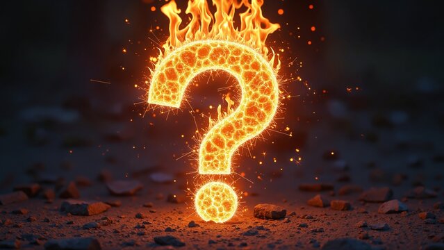A fiery question mark emerges from a dark background, symbolizing curiosity and inquiry through flames and sparks