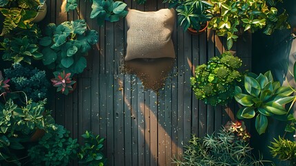 A big  liter sack of fertilizer laying on the wooden ground, surrounded by various plants, Generative AI illustrations.