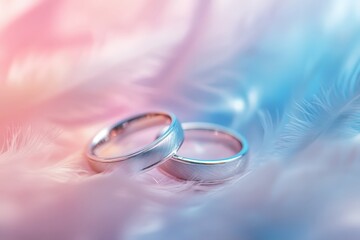 A pair of beautiful wedding rings elegantly resting atop a soft white feather