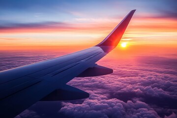 Obraz premium An airplane wing soars high above clouds at a beautiful sunset