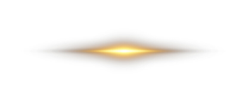 Glowing gold line with horizontal light rays and bright flash. Shiny golden beam with sparkle, flare, and dynamic glow on transparent background. Abstract vector light effect.