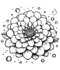 Coloring book zinnia bubbles Detailed line art for coloring. Floral beauty meets playful bubbles