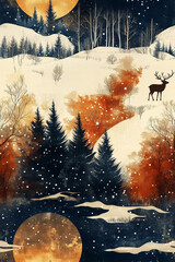 Seamless winter forest pattern with deer and snow under full moon in watercolor style