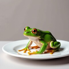 Obraz premium Frog resting on a flat white plate, green frog,