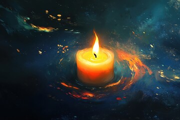 Fototapeta premium A lit candle is placed on top of a majestic mountain beside a flowing river