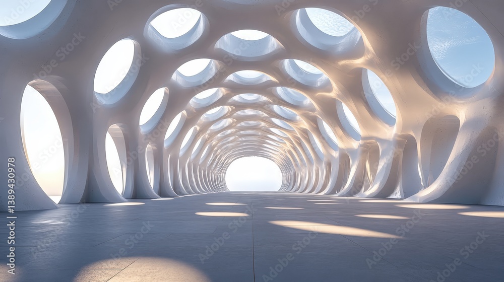 Poster a minimalistic abstract pavilion with open-air structures and geometric cutouts creating striking li