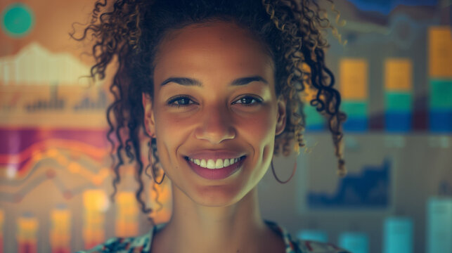 Image of statistical data processing against portrait of biracial woman smiling at office. Computer interface and business data technology concept