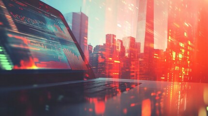 Close-Up of Laptop Displaying Financial Graphs and City Background