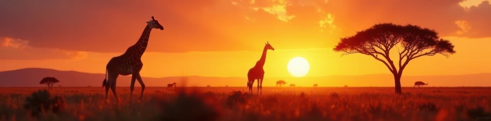 Giraffe Silhouette in open grasslands,  animals,  Africa