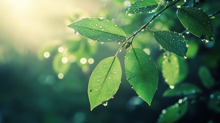 misty morning where water droplets cling to fresh green leaves, glowing in soft light