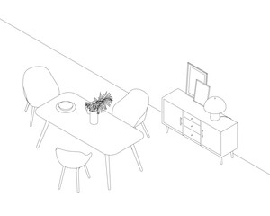 A room with a table and chairs, and a television stand. The table is set with a plate and a vase of flowers. Isometric view