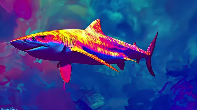 Shark swims through vibrant digital colors, showcasing artistic marine life in imaginative setting, Digitally altered shark swimming through vibrant colors