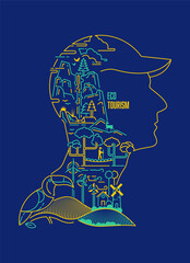 concept of eco tourism or sustainable traveler, graphic of tourist character with environmental forest inside