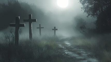Crosses vanishing in the fog on a grassy path evoke mystery and solemnity. Silent Vanishing. Illustration