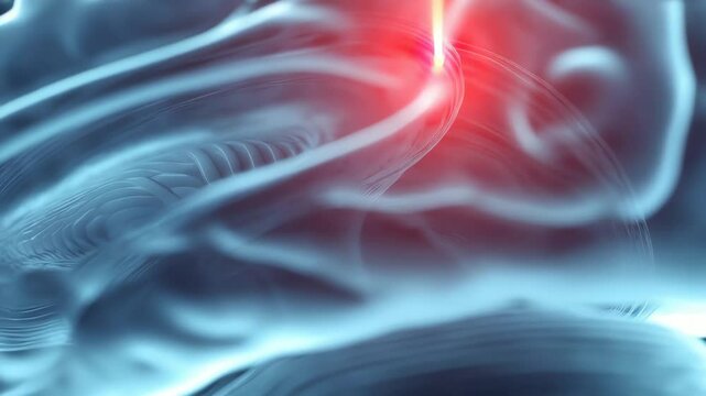 Translucent brain model spins, AI highlights lesion or tumor with red glow, camera zooms to show cellular details, cold clinical light emphasizes precision